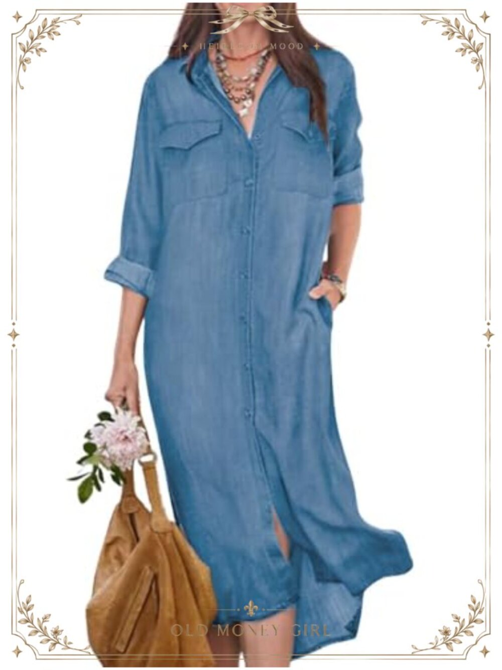 Denim Shirt Dress Roll Up Long Sleeve Loose Maxi Shift Jean Dress